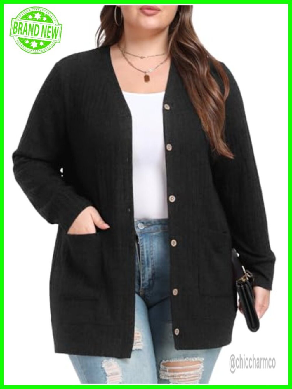 Plus Size Ribbed Button Down Cardigan Long Sleeve V-Neck Tunic Sweater with
